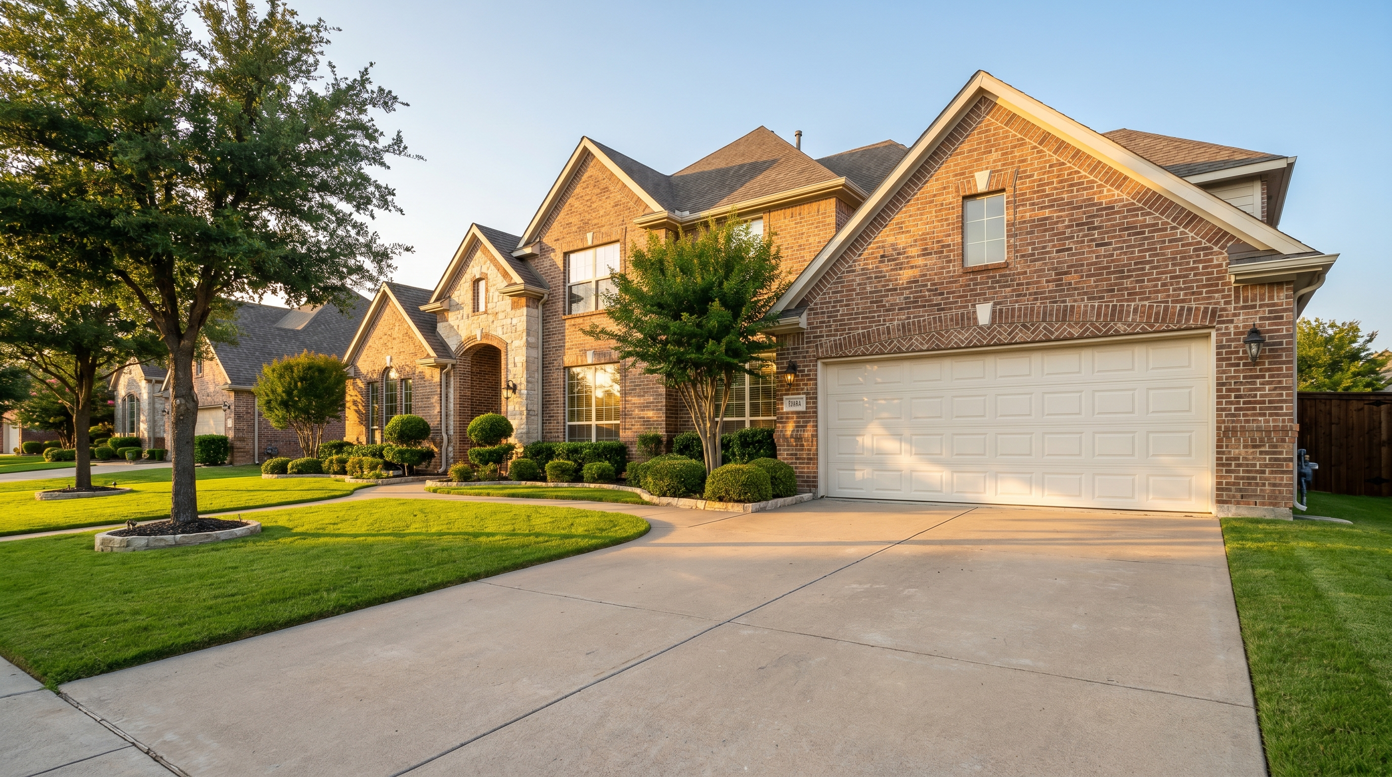 Upscale home with white garage door in Plano Texas